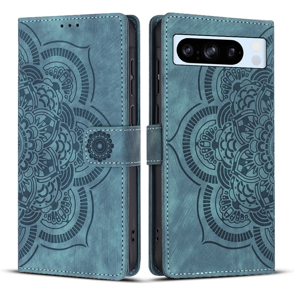 For Google Pixel 8 Pro Leather Case WANLONFENG HDM Series Mandala Imprint Wallet Stand Phone Cover - Blue
