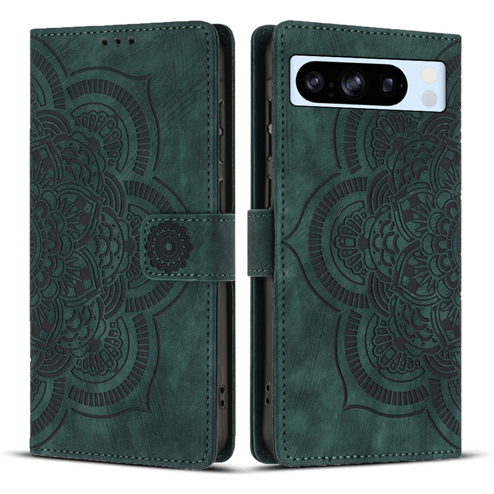 For Google Pixel 8 Pro Leather Case WANLONFENG HDM Series Mandala Imprint Wallet Stand Phone Cover - Green