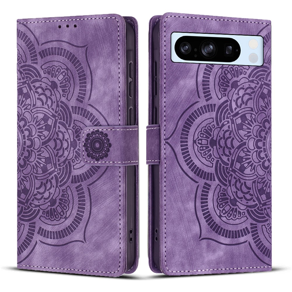 For Google Pixel 8 Pro Leather Case WANLONFENG HDM Series Mandala Imprint Wallet Stand Phone Cover - Purple