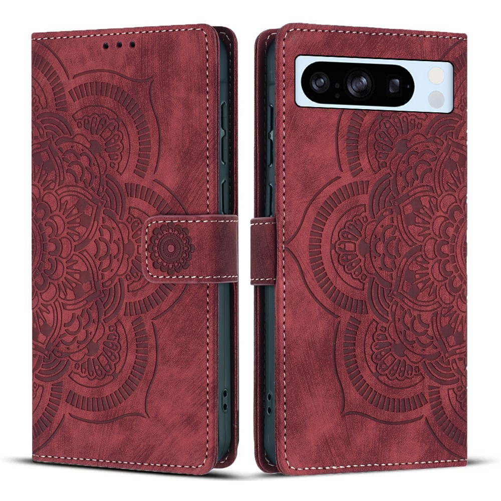 For Google Pixel 8 Pro Leather Case WANLONFENG HDM Series Mandala Imprint Wallet Stand Phone Cover - Wine Red