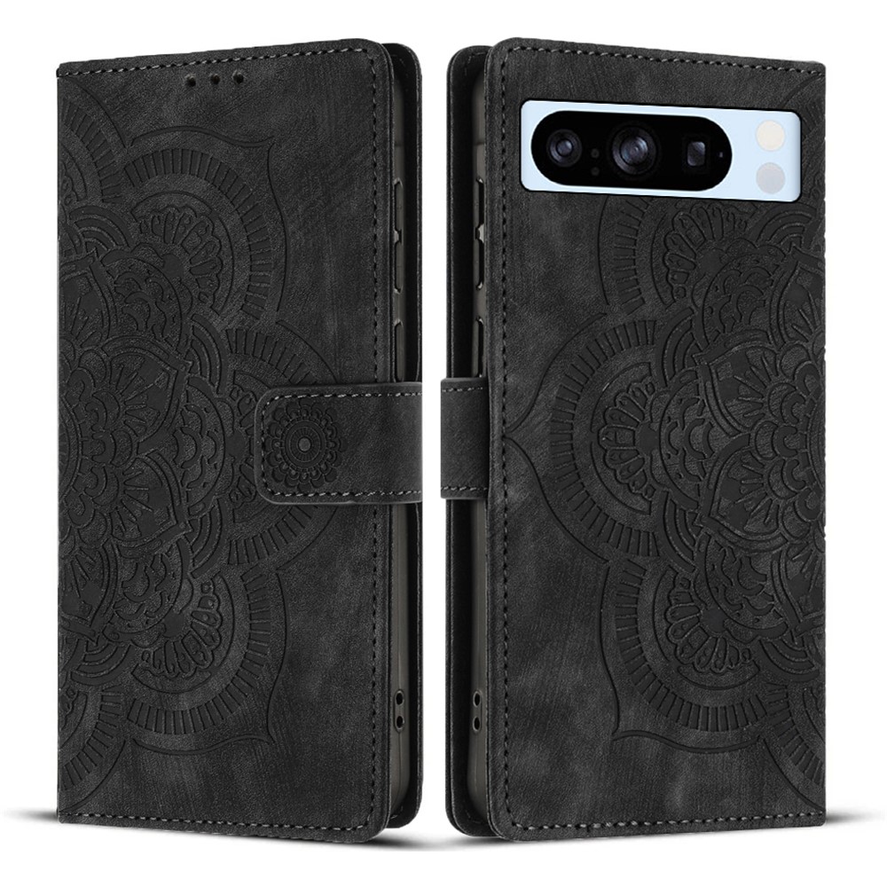 For Google Pixel 8 Pro Leather Case WANLONFENG HDM Series Mandala Imprint Wallet Stand Phone Cover - Black