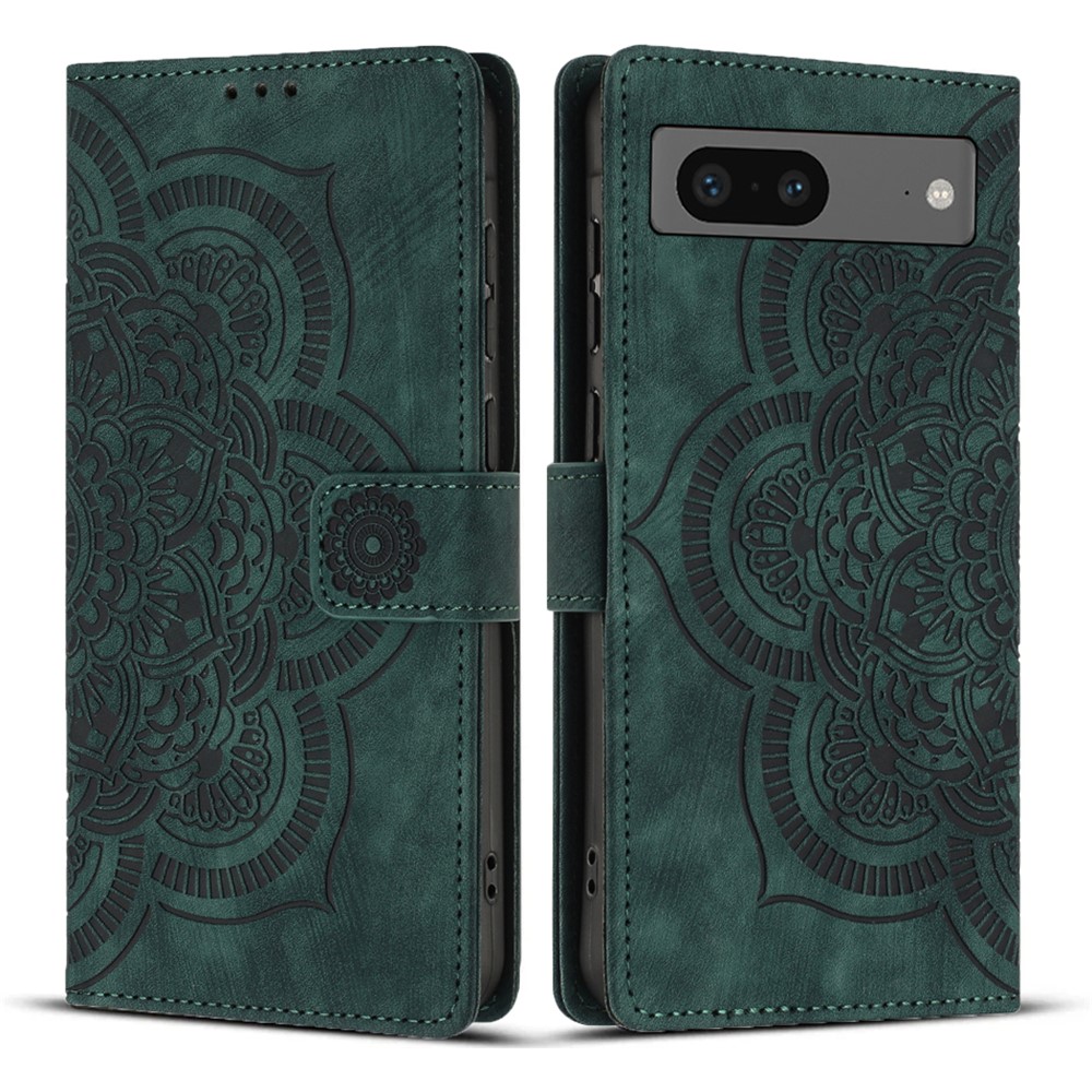For Google Pixel 8a Leather Case WANLONFENG HDM Series Mandala Imprint Wallet Stand Phone Cover - Green