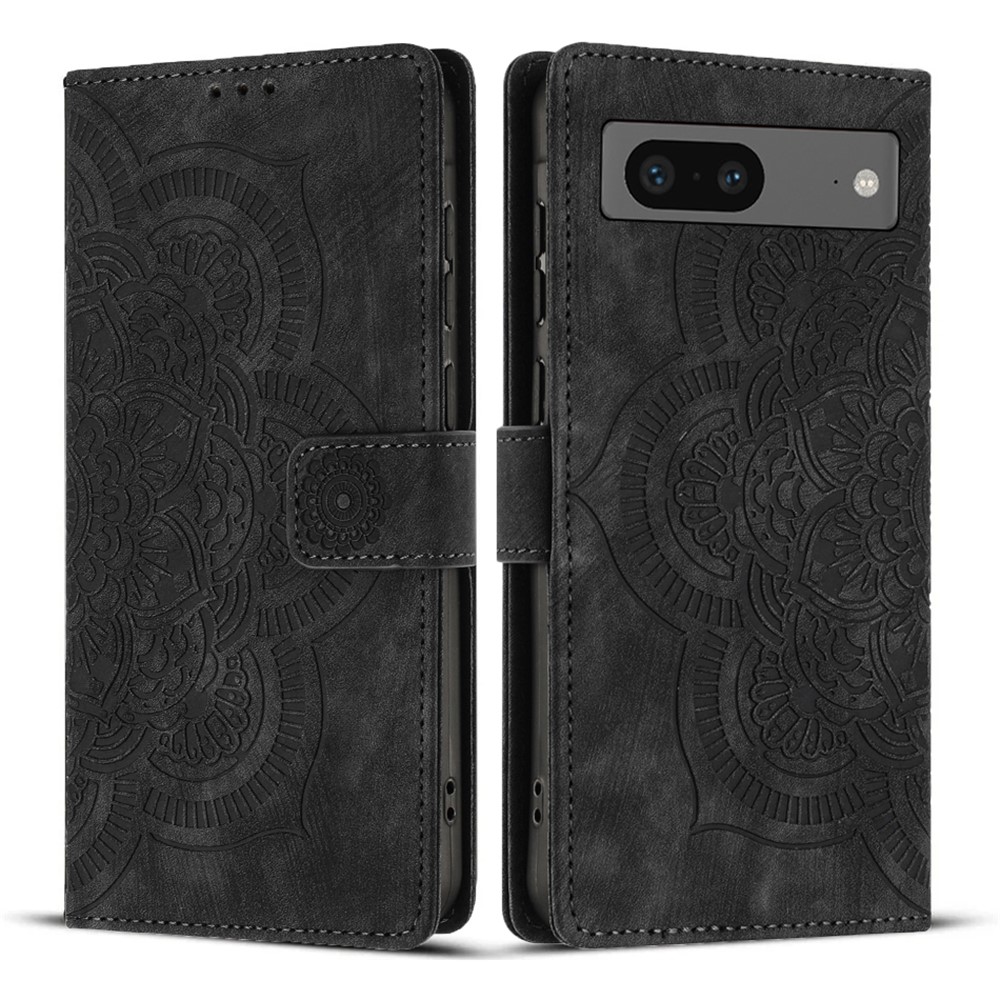 For Google Pixel 8a Leather Case WANLONFENG HDM Series Mandala Imprint Wallet Stand Phone Cover - Black