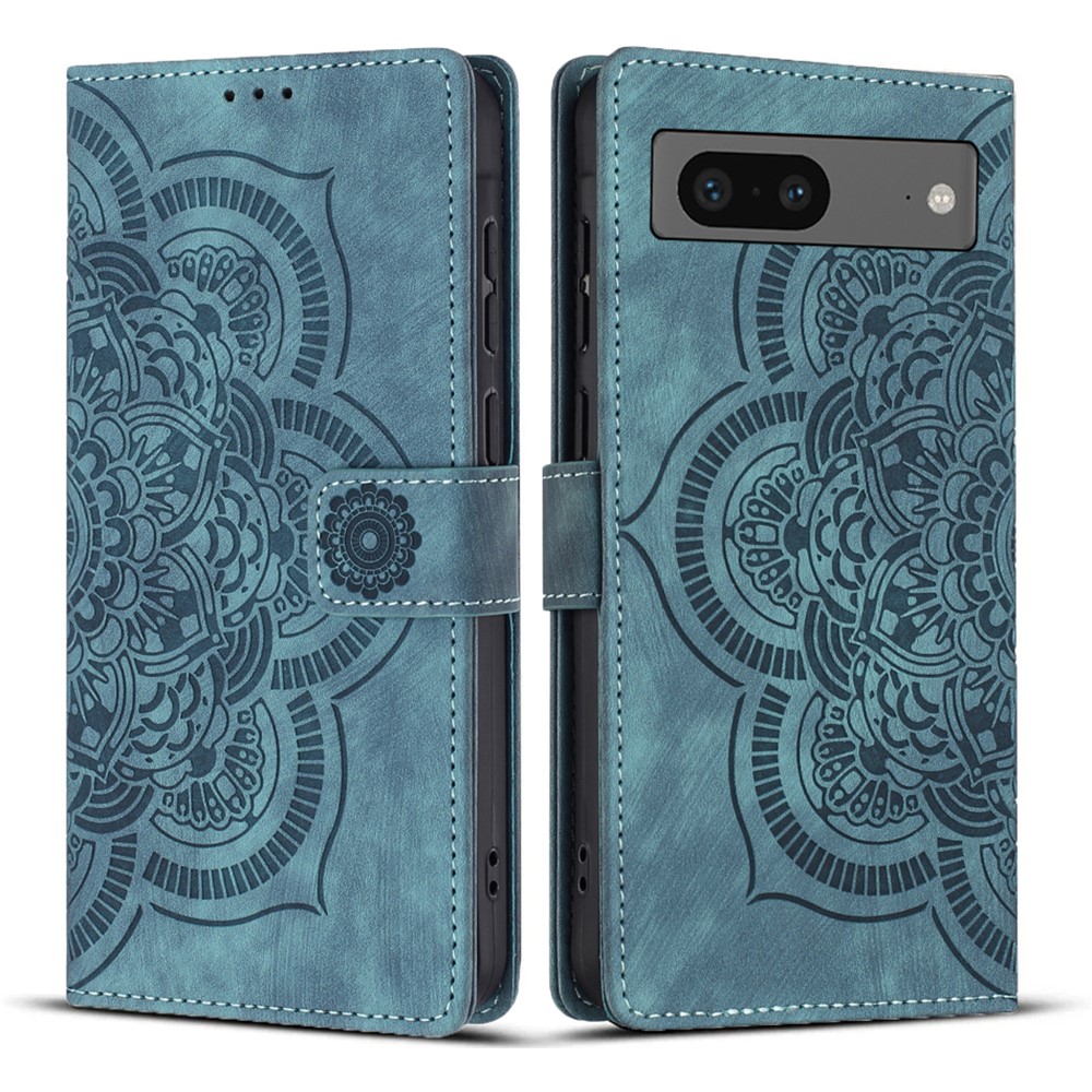For Google Pixel 8 Leather Case WANLONFENG HDM Series Mandala Imprint Wallet Stand Phone Cover - Blue