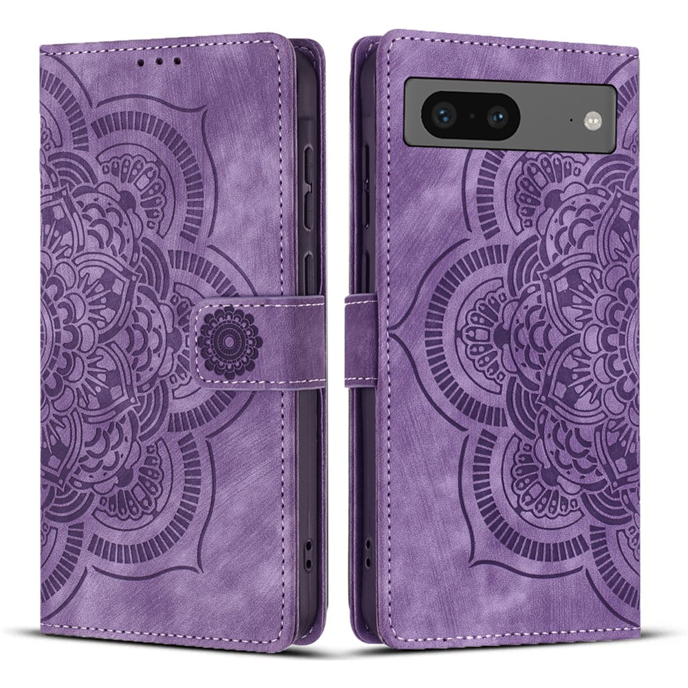 For Google Pixel 8 Leather Case WANLONFENG HDM Series Mandala Imprint Wallet Stand Phone Cover - Purple