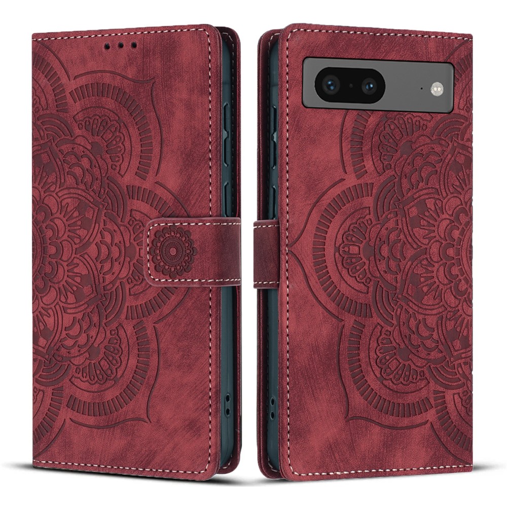 For Google Pixel 8 Leather Case WANLONFENG HDM Series Mandala Imprint Wallet Stand Phone Cover - Wine Red