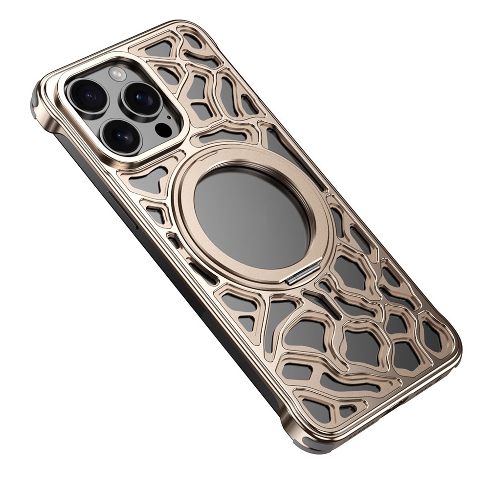For iPhone 15 Pro Max Bumper Case Alloy Metal Borderless Back Cover with Magnetic Kickstand - Desert Gold
