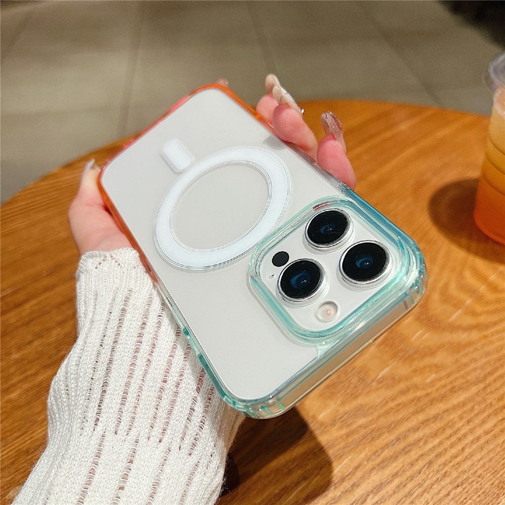 For iPhone 15 Pro Max Magnetic Case Color Matching TPU + Acrylic Gradient Clear Phone Cover - Blue / Pink