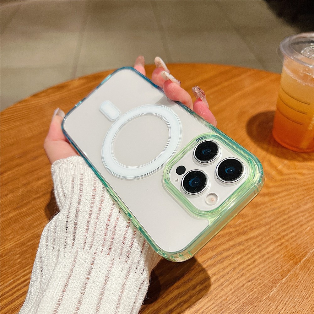 For iPhone 15 Pro Max Magnetic Case Color Matching TPU + Acrylic Gradient Clear Phone Cover - Green / Blue