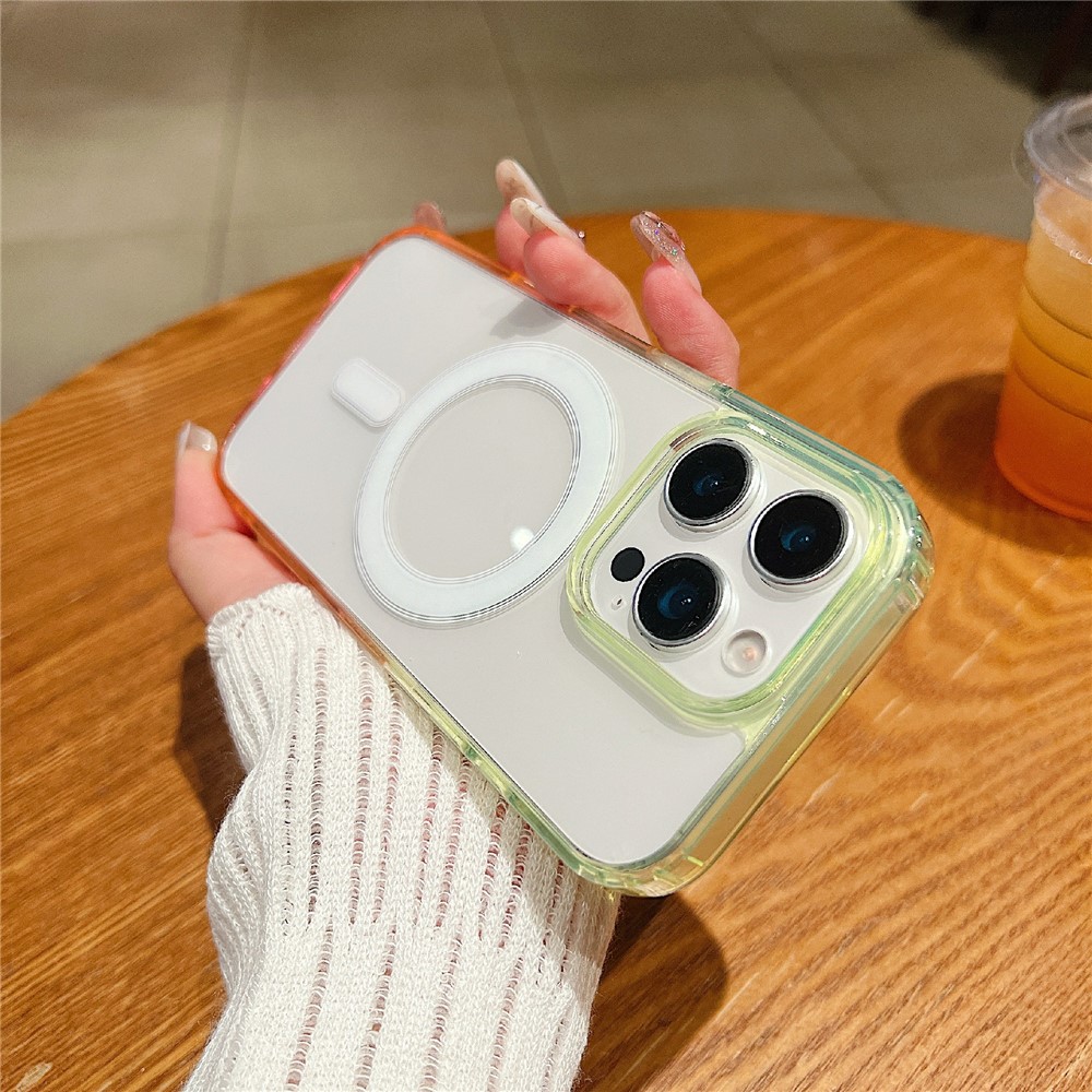 For iPhone 15 Pro Magnetic Case Color Matching TPU + Acrylic Gradient Clear Phone Cover - Fluorescent Green / Light Pink