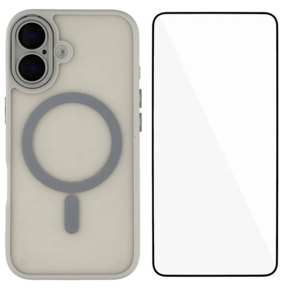 For iPhone 16 Case Compatible with MagSafe WANLONFENG QB Series PC TPU Phone Cover with Screen Film - Grey