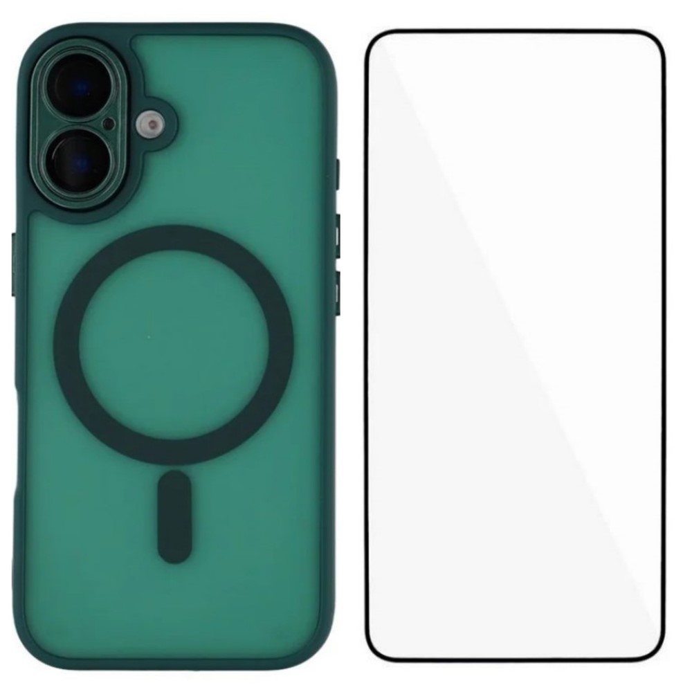 For iPhone 16 Plus Case Compatible with MagSafe WANLONFENG QB Series PC TPU Phone Cover with Screen Film - Dark Green