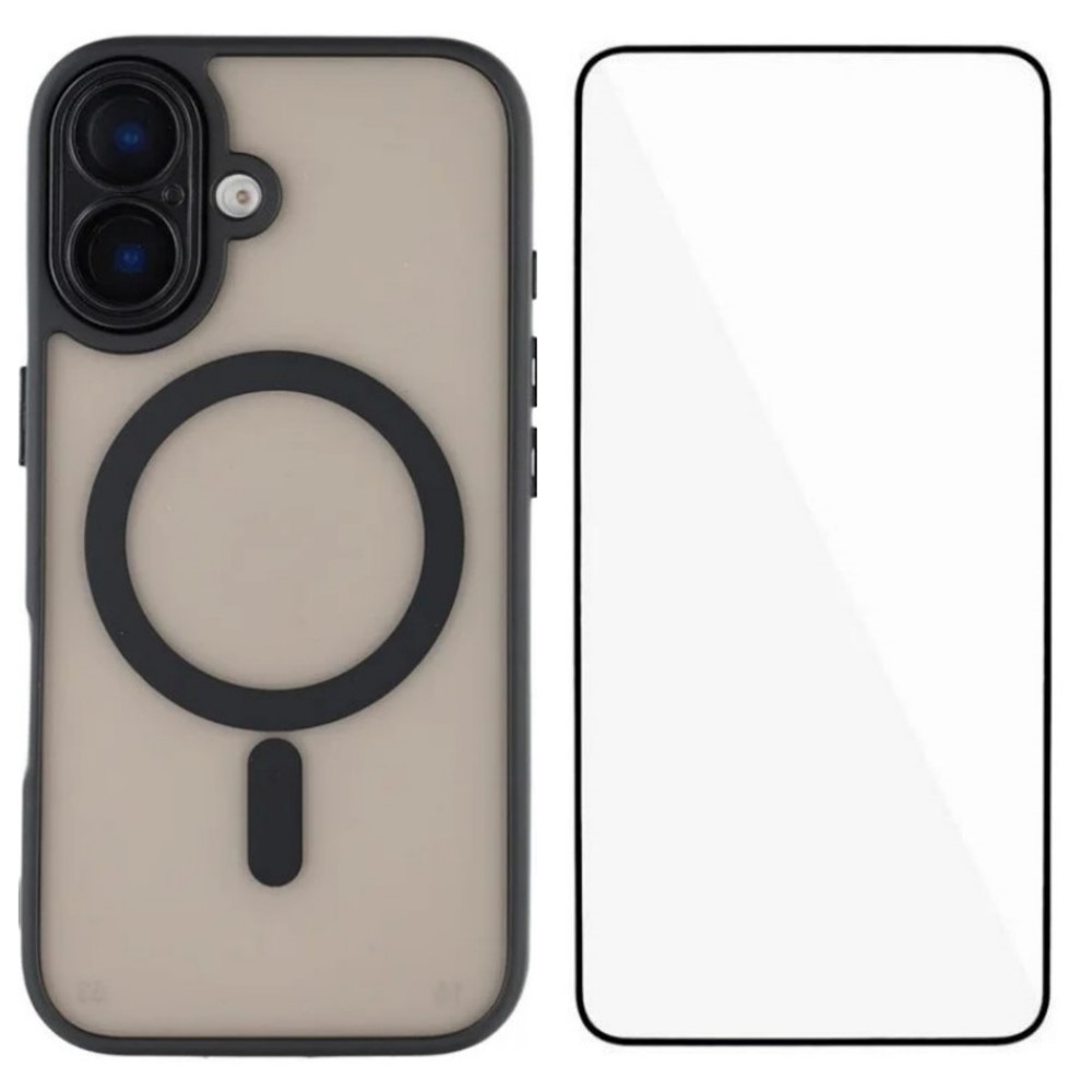 For iPhone 16 Plus Case Compatible with MagSafe WANLONFENG QB Series PC TPU Phone Cover with Screen Film - Black