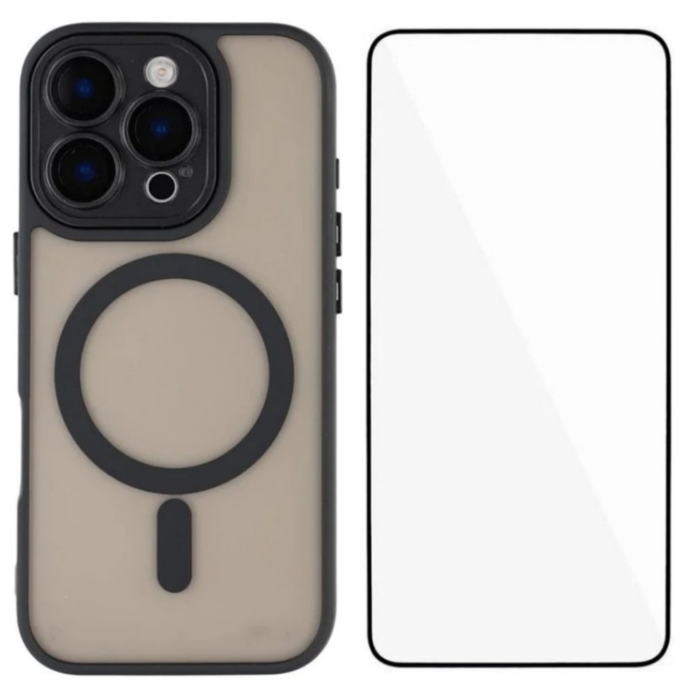 For iPhone 16 Pro Max Case Compatible with MagSafe WANLONFENG QB Series PC TPU Phone Cover with Screen Film - Black