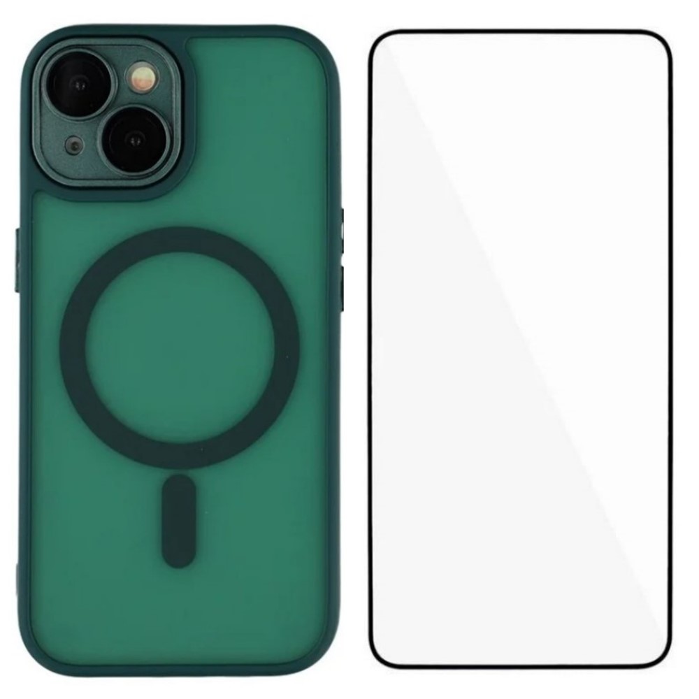 For iPhone 15 Case Compatible with MagSafe WANLONFENG QB Series PC TPU Phone Cover with Screen Film - Dark Green