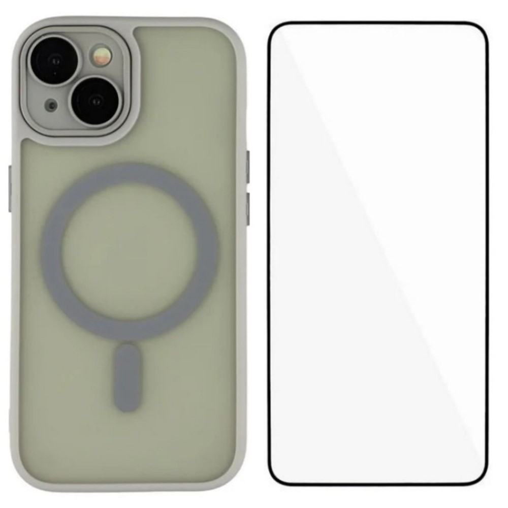 For iPhone 15 Case Compatible with MagSafe WANLONFENG QB Series PC TPU Phone Cover with Screen Film - Grey