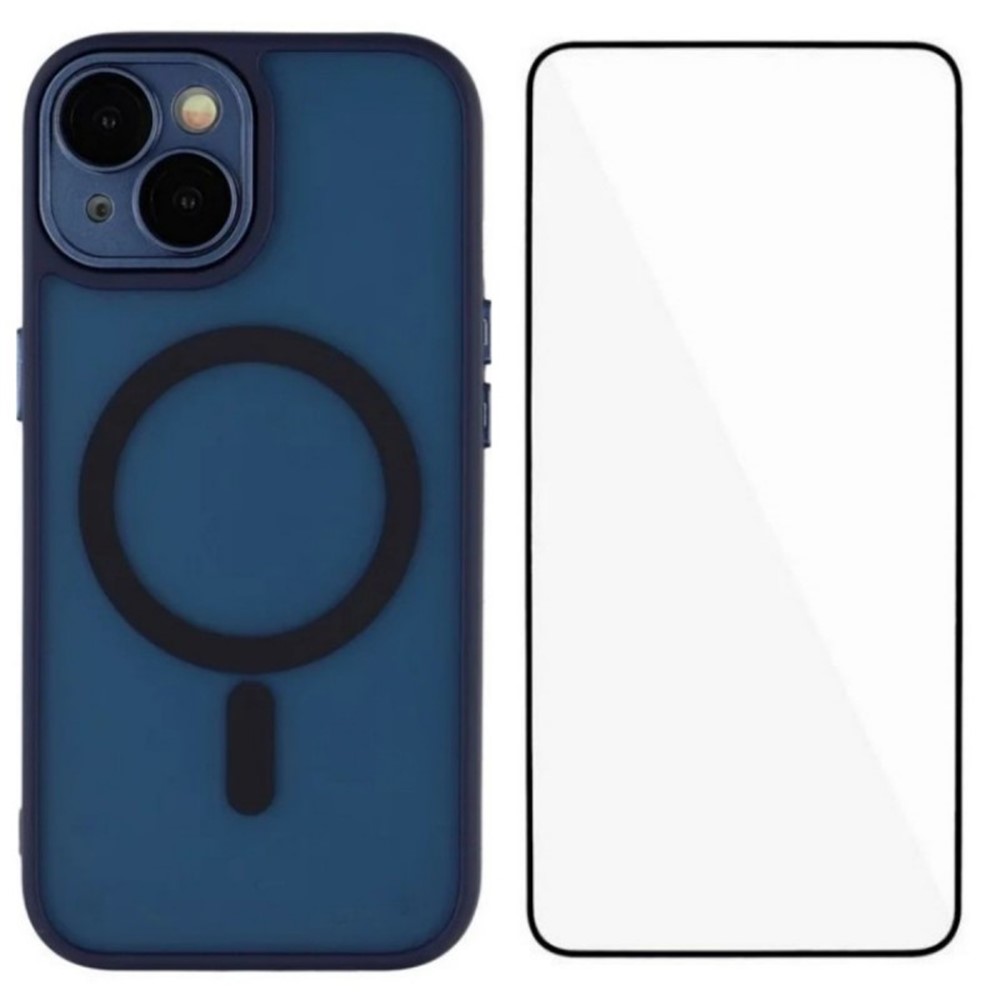 For iPhone 15 Plus Case Compatible with MagSafe WANLONFENG QB Series PC TPU Phone Cover with Screen Film - Sapphire