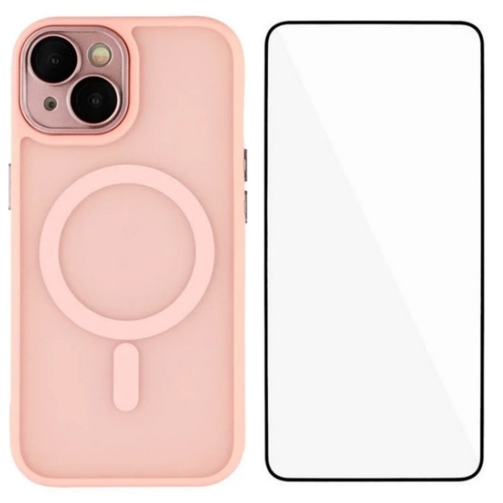 For iPhone 15 Plus Case Compatible with MagSafe WANLONFENG QB Series PC TPU Phone Cover with Screen Film - Pink