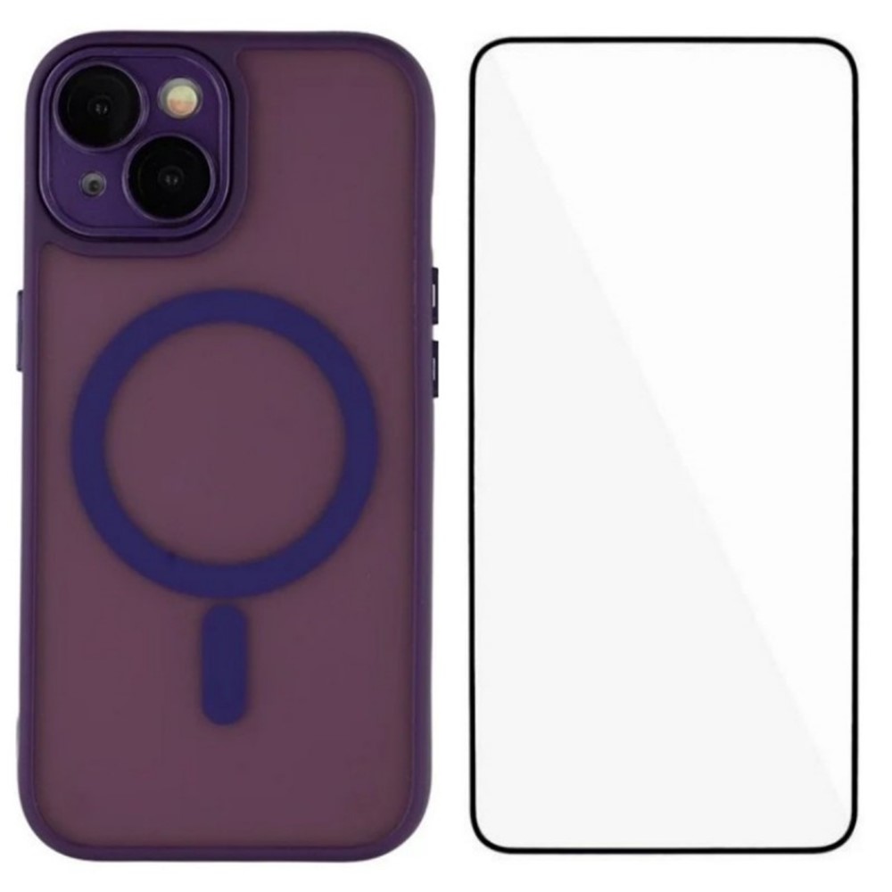 For iPhone 15 Plus Case Compatible with MagSafe WANLONFENG QB Series PC TPU Phone Cover with Screen Film - Purple