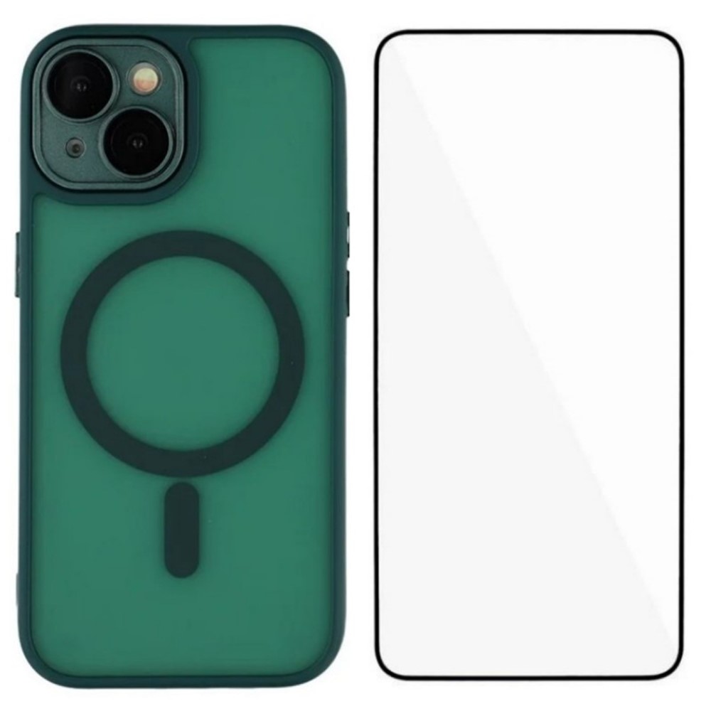 For iPhone 14 Plus Case Compatible with MagSafe WANLONFENG QB Series PC TPU Phone Cover with Screen Film - Dark Green