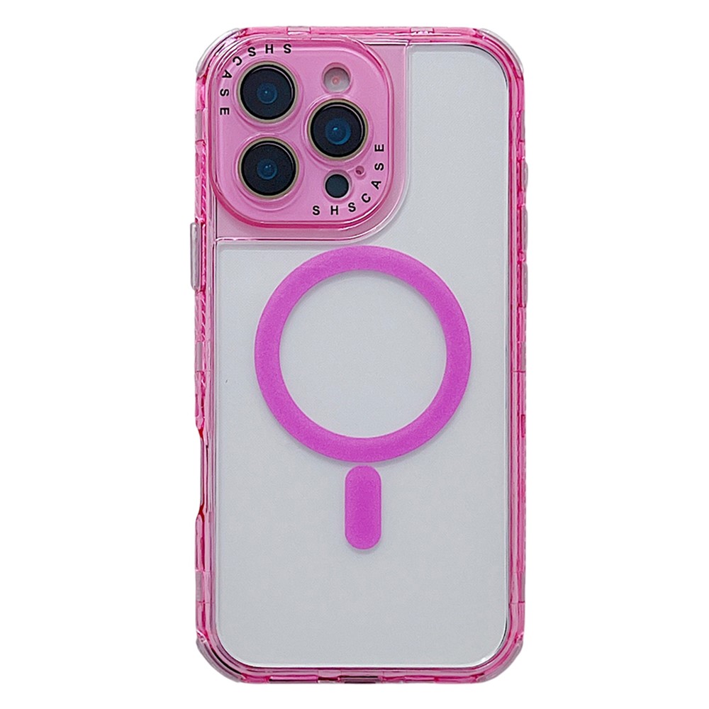 For iPhone 16 Pro Max Magnetic Case Clear Colorful Frame TPU + PC Phone Back Cover with Lens Film - Pink