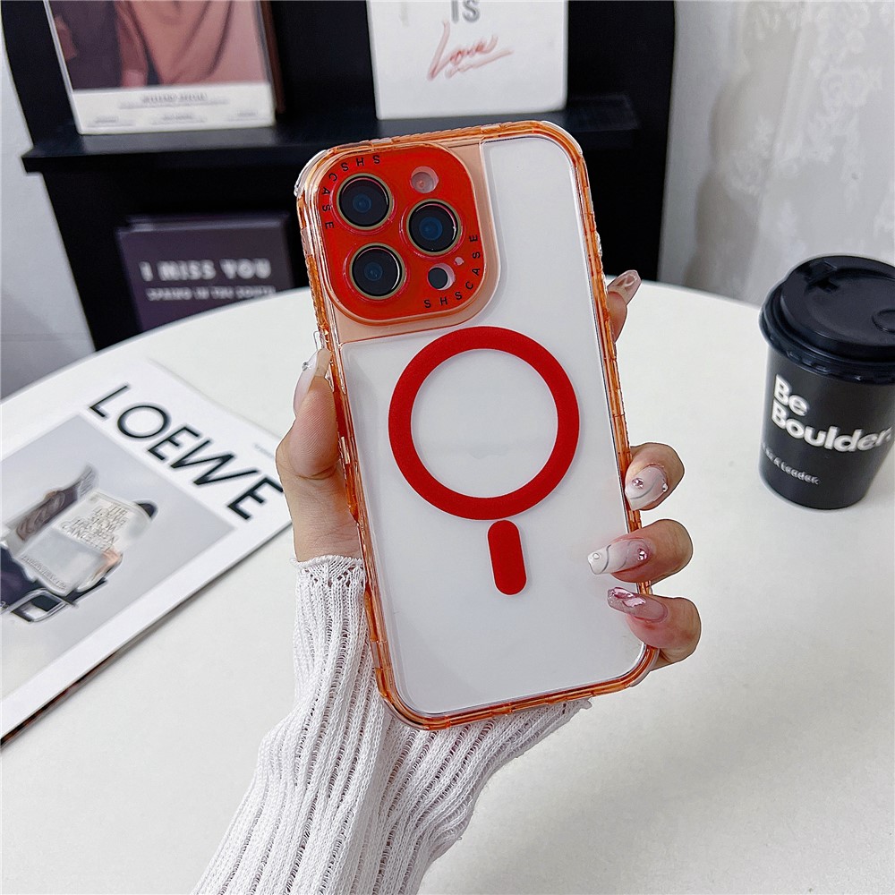 For iPhone 16 Pro Max Magnetic Case Clear Colorful Frame TPU + PC Phone Back Cover with Lens Film - Red