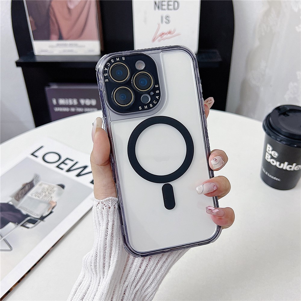 For iPhone 16 Pro Max Magnetic Case Clear Colorful Frame TPU + PC Phone Back Cover with Lens Film - Black