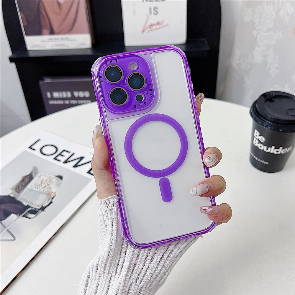 For iPhone 16 Pro Max Magnetic Case Clear Colorful Frame TPU + PC Phone Back Cover with Lens Film - Purple