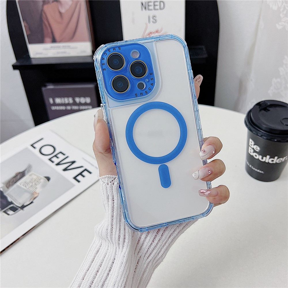 For iPhone 16 Pro Max Magnetic Case Clear Colorful Frame TPU + PC Phone Back Cover with Lens Film - Blue