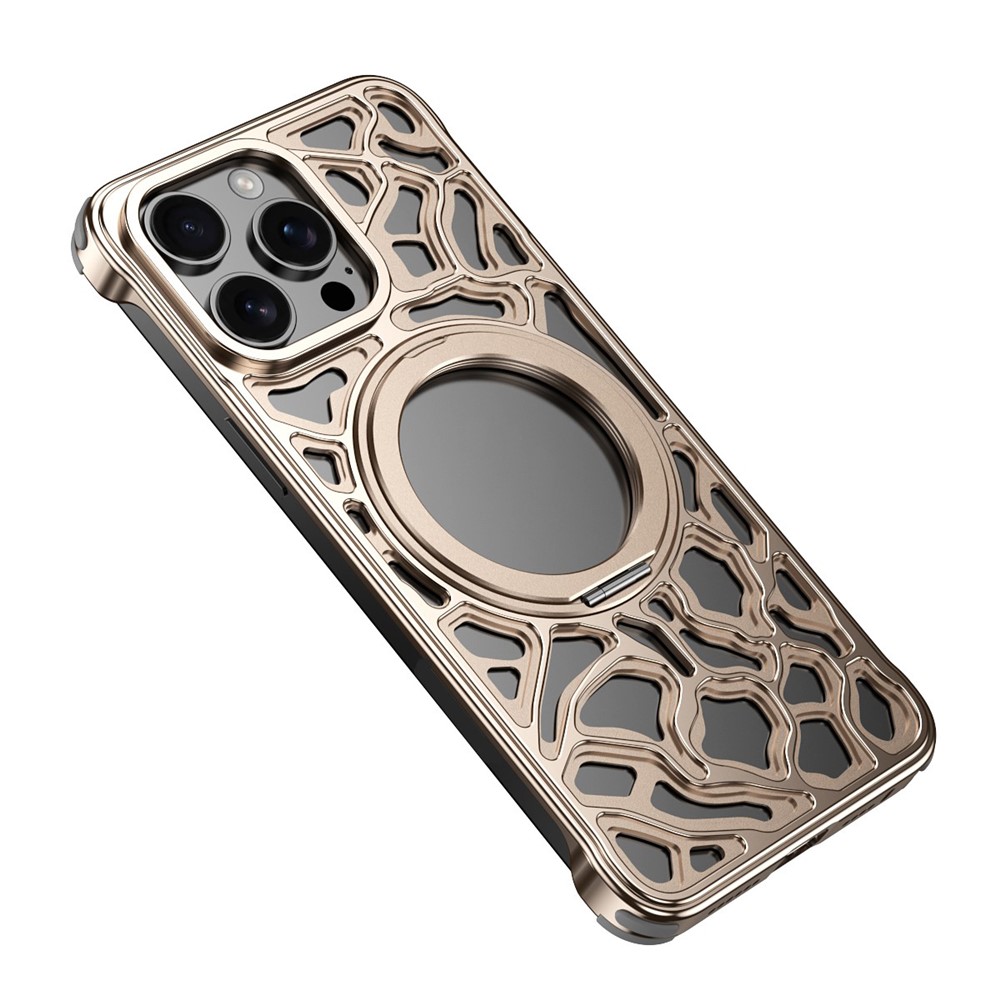 For iPhone 15 Pro Bumper Case Alloy Metal Borderless Back Cover with Magnetic Kickstand - Desert Gold