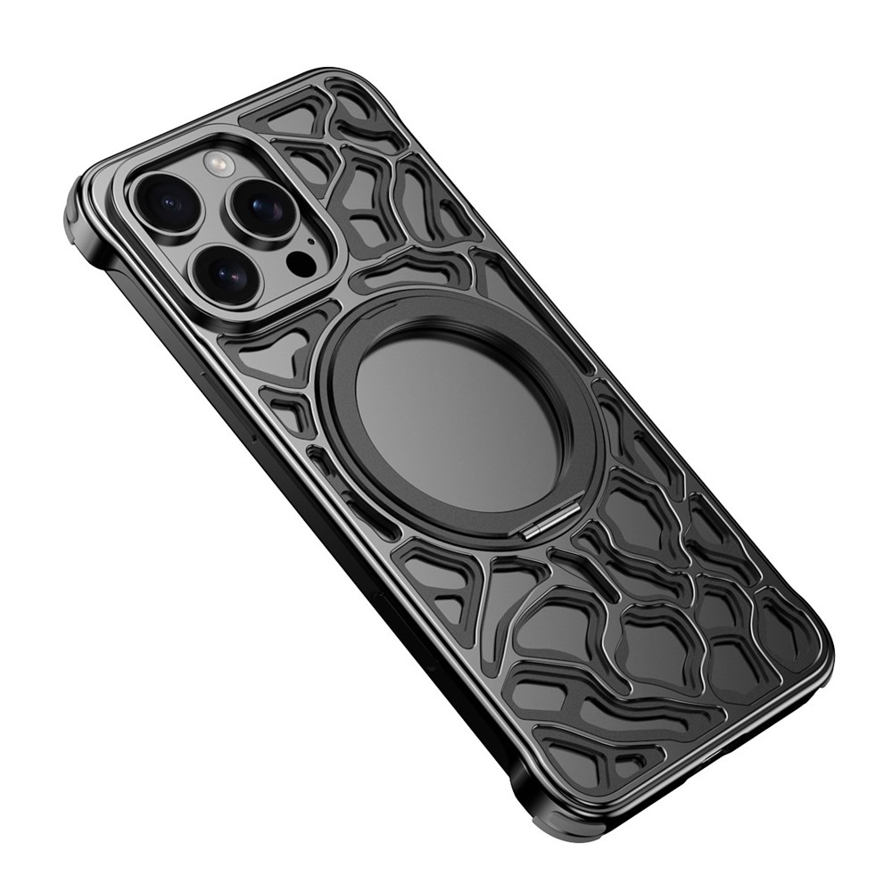 For iPhone 15 Pro Bumper Case Alloy Metal Borderless Back Cover with Magnetic Kickstand - Black