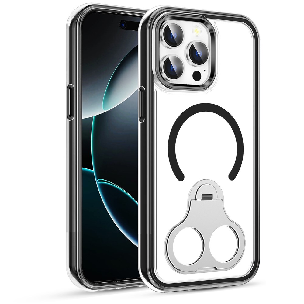 Bulk Purchasing For iPhone 15 Pro Max Case Air Cushion PC + TPU Magnetic Phone Cover with Ring Kickstand - Black
