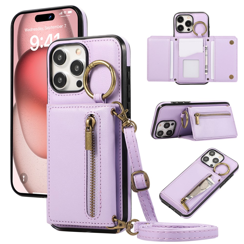 For iPhone 16 Pro Max Leather Back Cover Zipper Wallet Kickstand Phone Case with Shoulder Strap - Purple