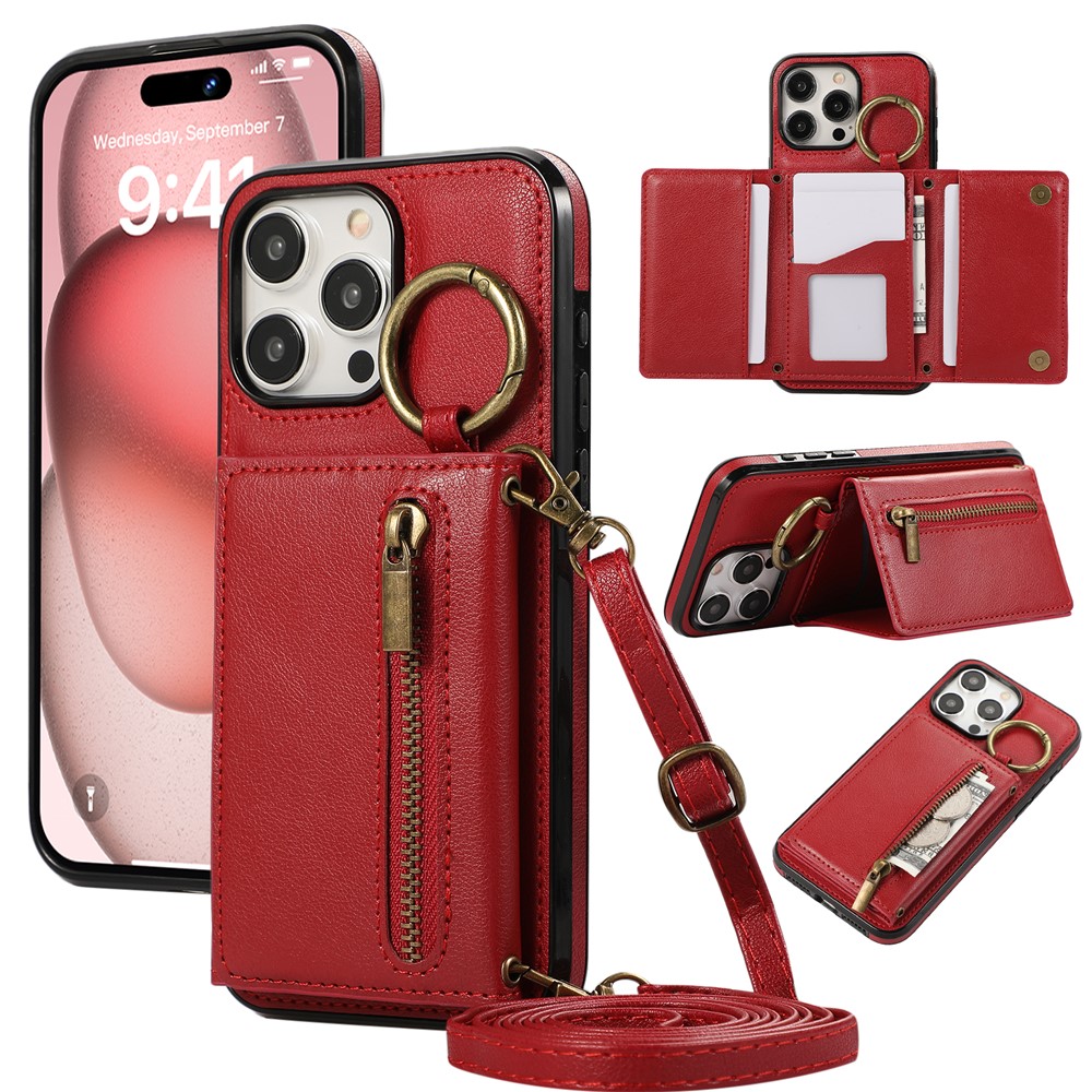 For iPhone 16 Pro Max Leather Back Cover Zipper Wallet Kickstand Phone Case with Shoulder Strap - Red