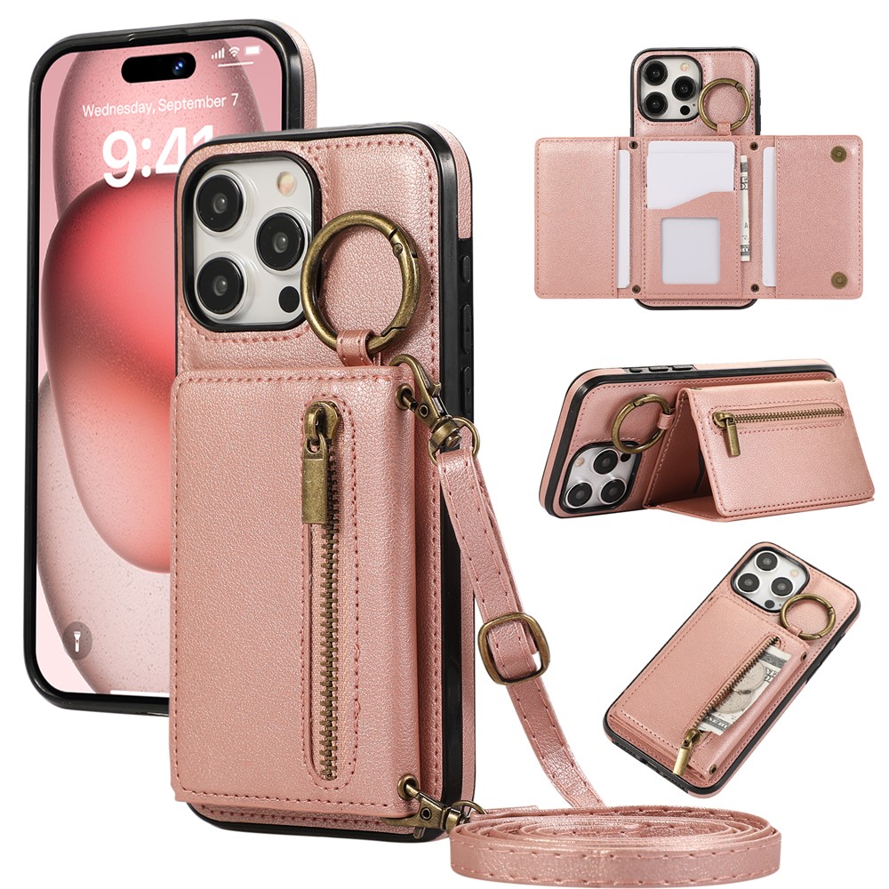 For iPhone 16 Pro Max Leather Back Cover Zipper Wallet Kickstand Phone Case with Shoulder Strap - Pink