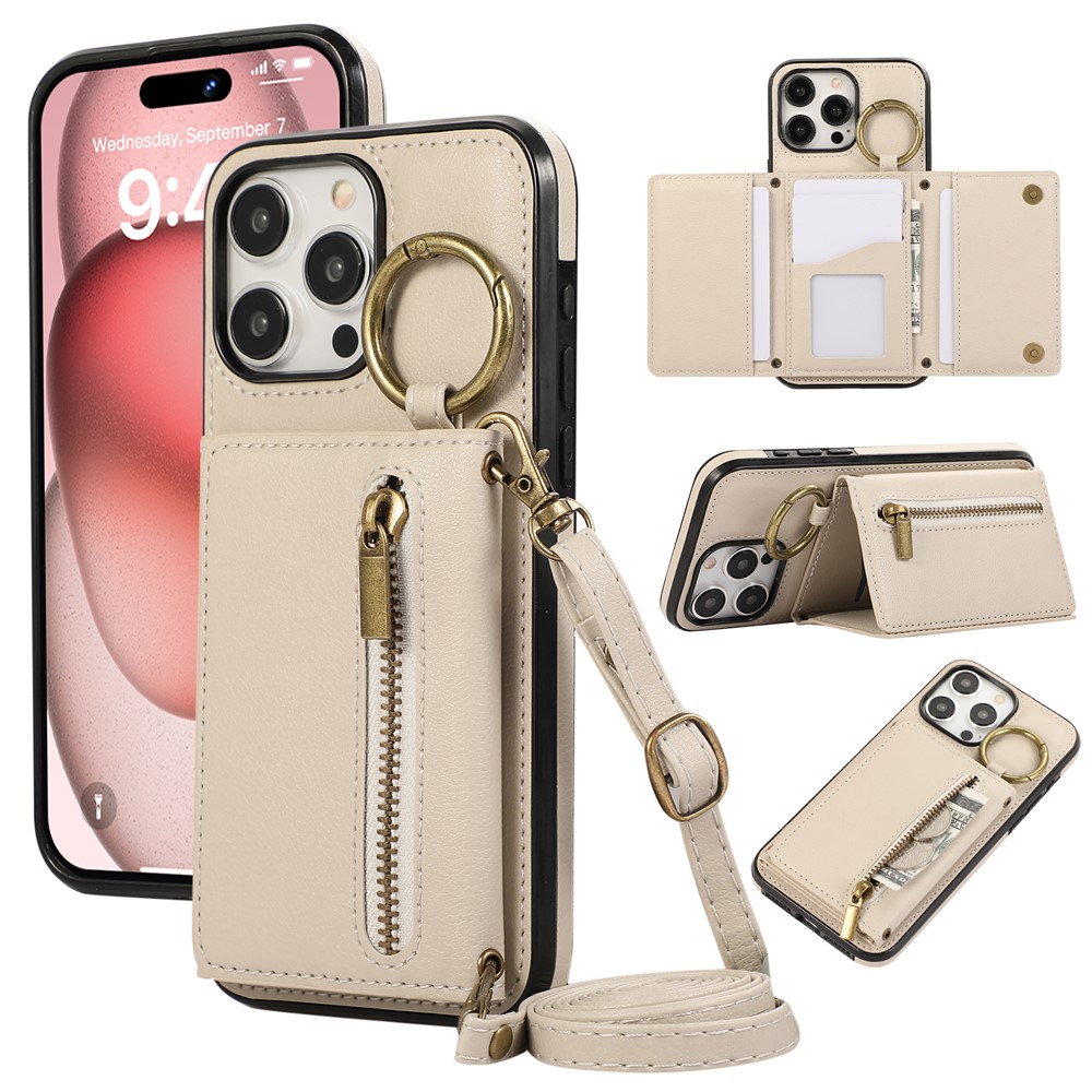 For iPhone 15 Pro Max Leather Back Cover Zipper Wallet Kickstand Phone Case with Shoulder Strap - Beige