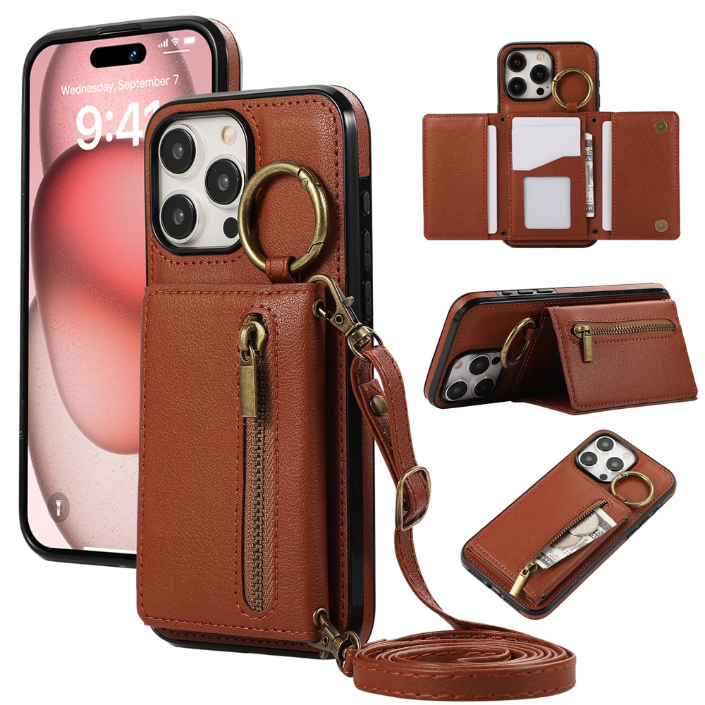 For iPhone 15 Pro Max Leather Back Cover Zipper Wallet Kickstand Phone Case with Shoulder Strap - Brown