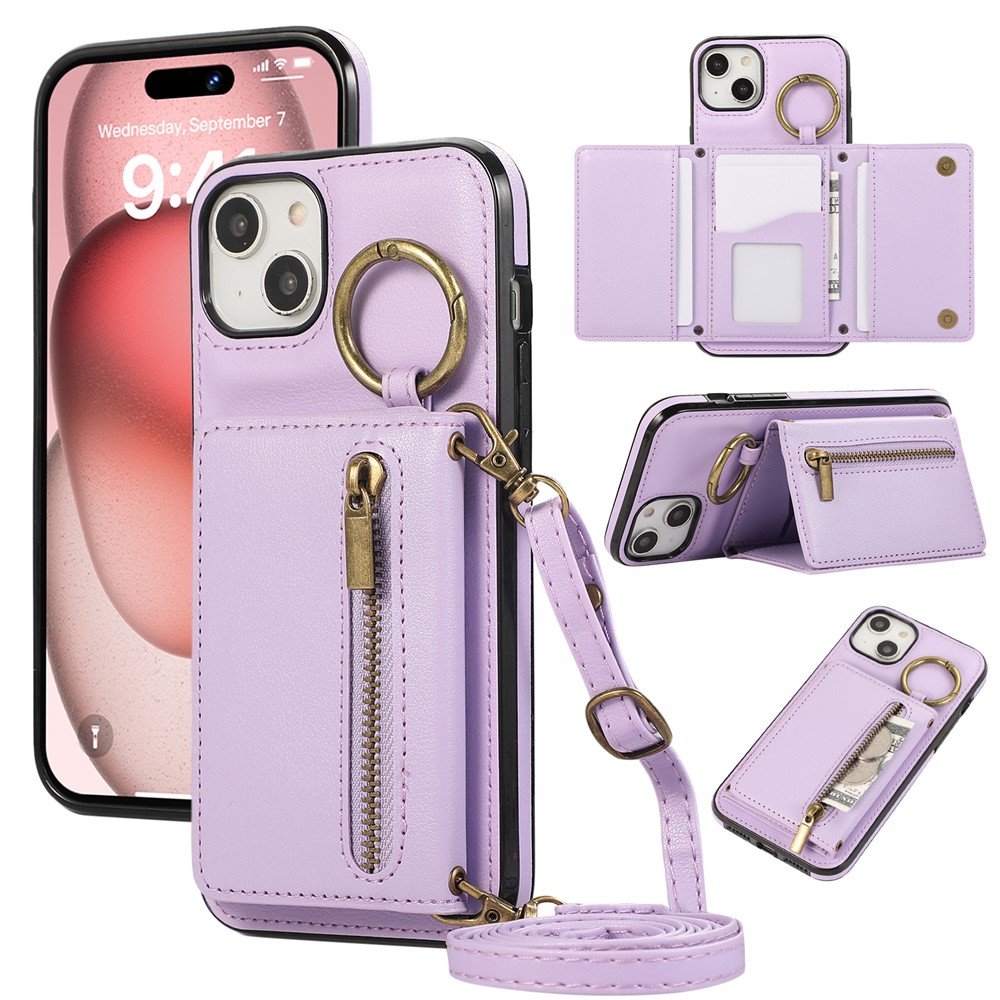 For iPhone 15 Leather Back Cover Zipper Wallet Kickstand Phone Case with Shoulder Strap - Purple