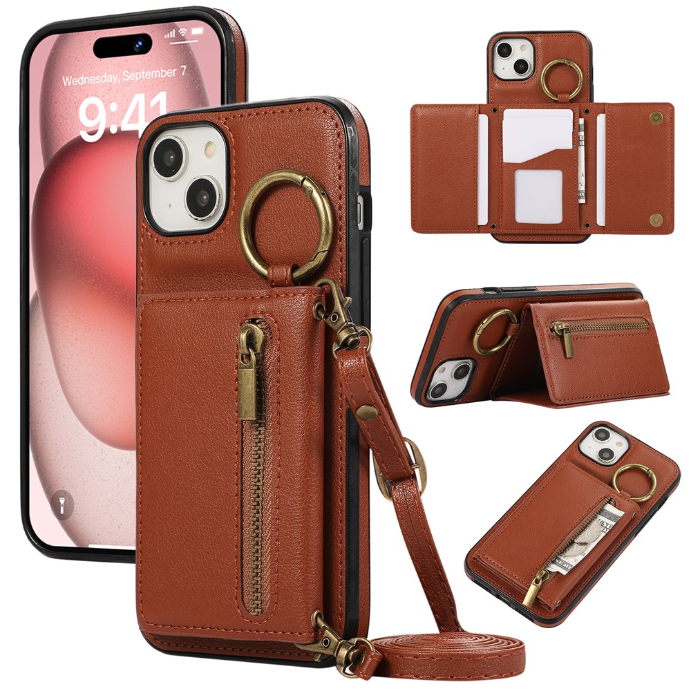 For iPhone 15 Leather Back Cover Zipper Wallet Kickstand Phone Case with Shoulder Strap - Brown