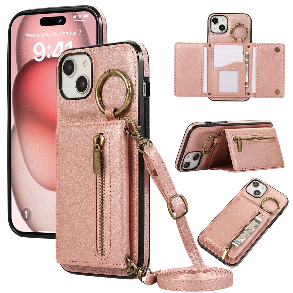 For iPhone 15 Leather Back Cover Zipper Wallet Kickstand Phone Case with Shoulder Strap - Pink