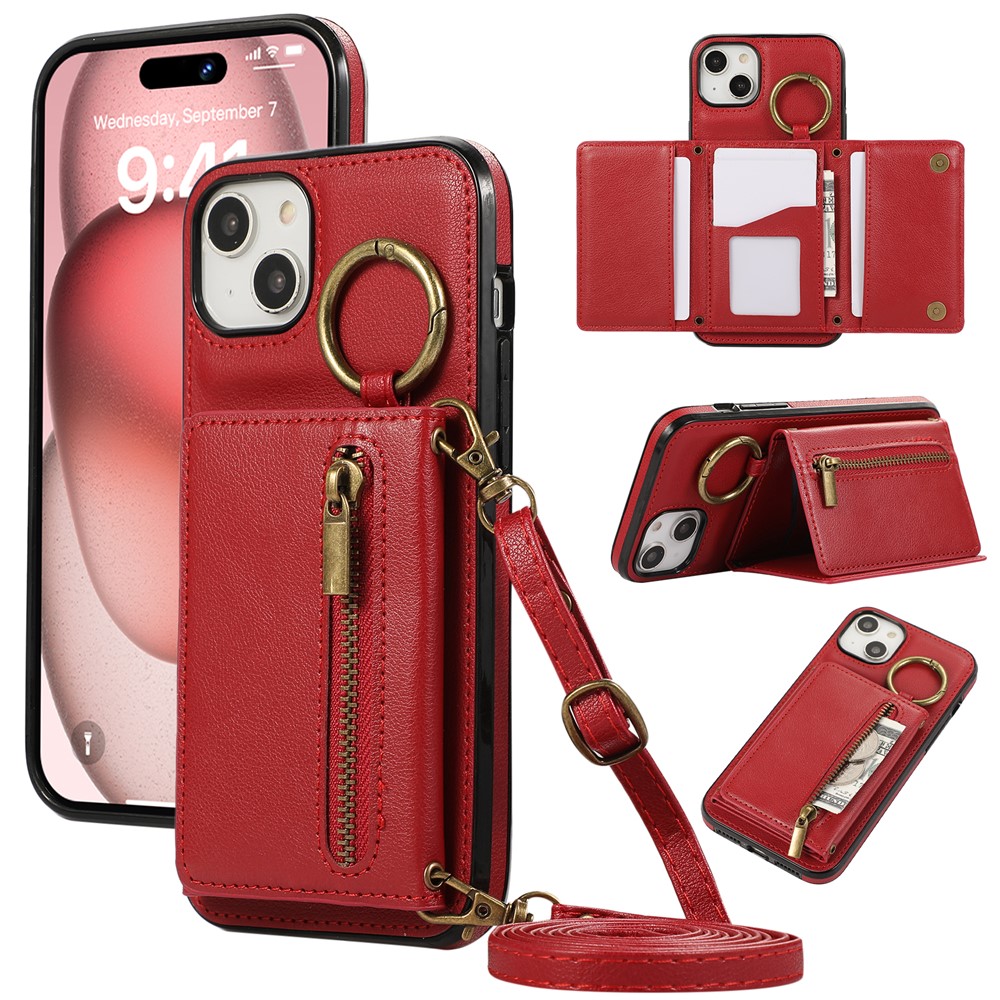 For iPhone 15 Leather Back Cover Zipper Wallet Kickstand Phone Case with Shoulder Strap - Red