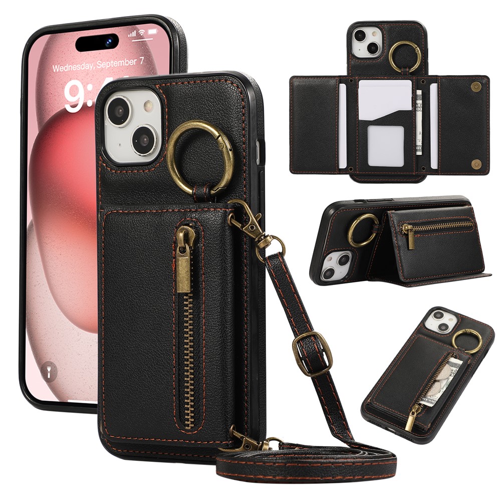 For iPhone 15 Leather Back Cover Zipper Wallet Kickstand Phone Case with Shoulder Strap - Black