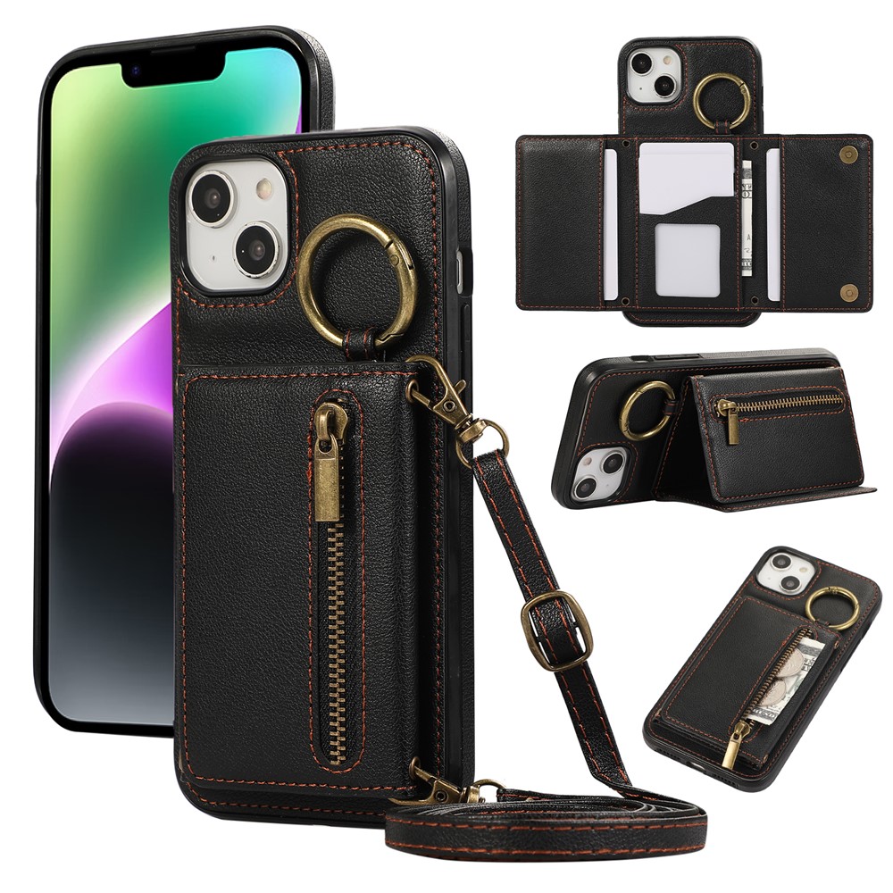 For iPhone 14  /  13 Leather Back Cover Zipper Wallet Kickstand Phone Case with Shoulder Strap - Black
