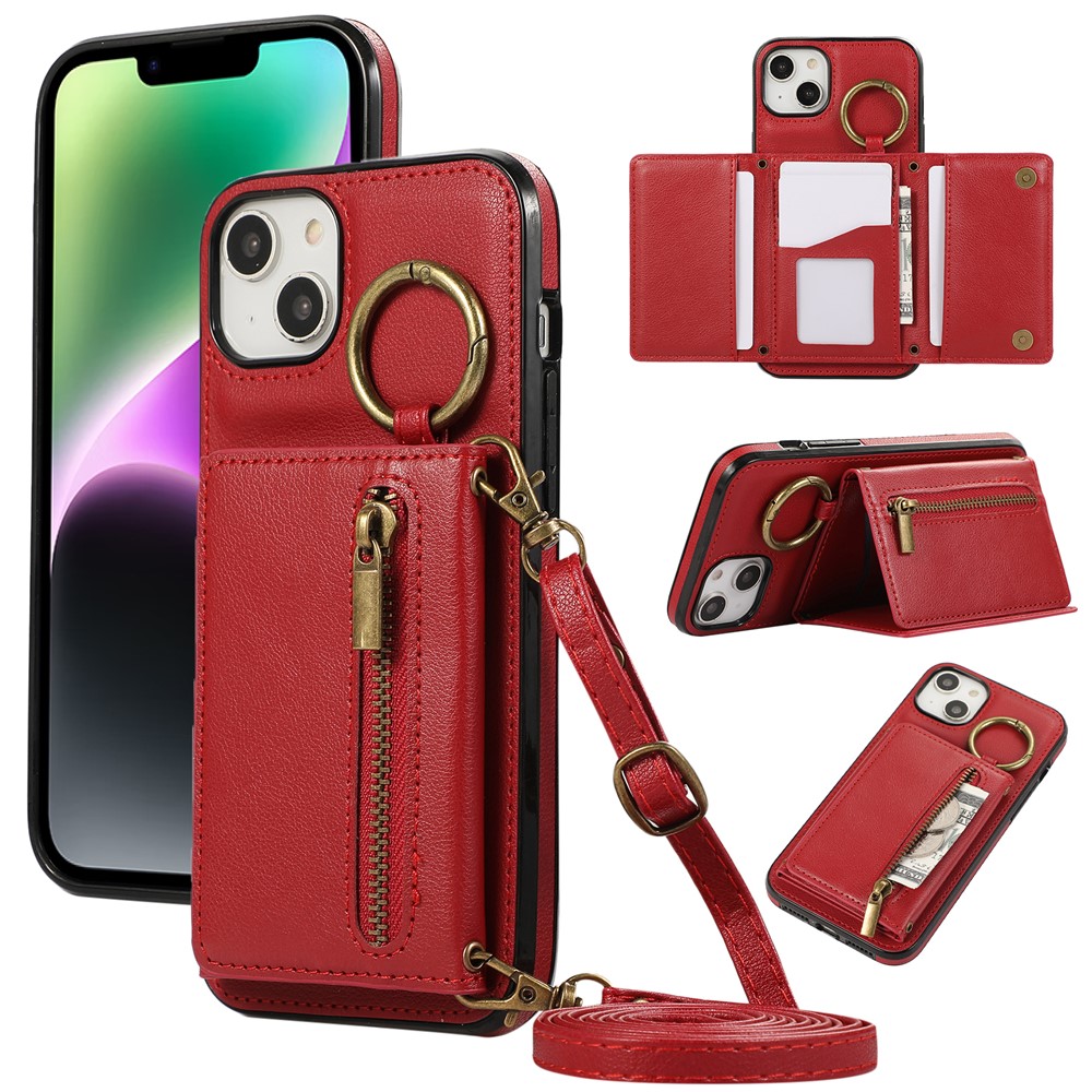 For iPhone 14  /  13 Leather Back Cover Zipper Wallet Kickstand Phone Case with Shoulder Strap - Red