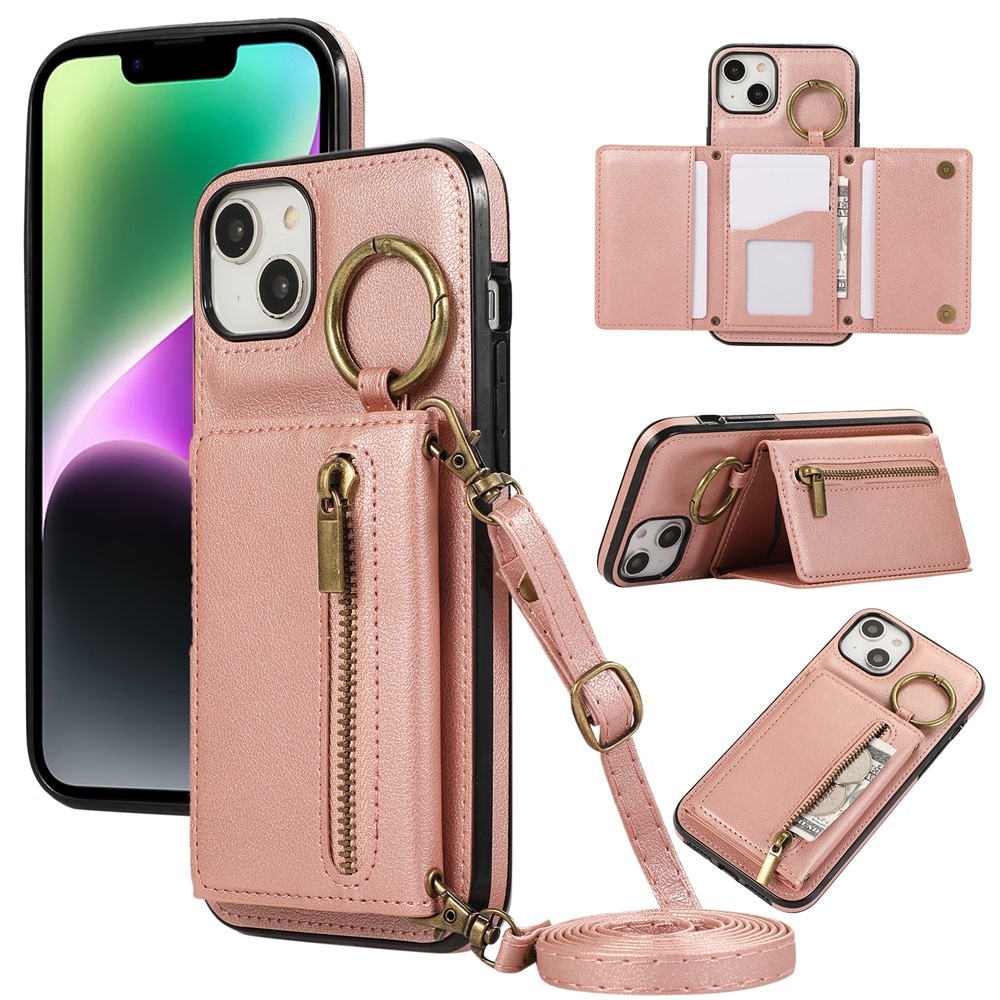 For iPhone 14  /  13 Leather Back Cover Zipper Wallet Kickstand Phone Case with Shoulder Strap - Pink
