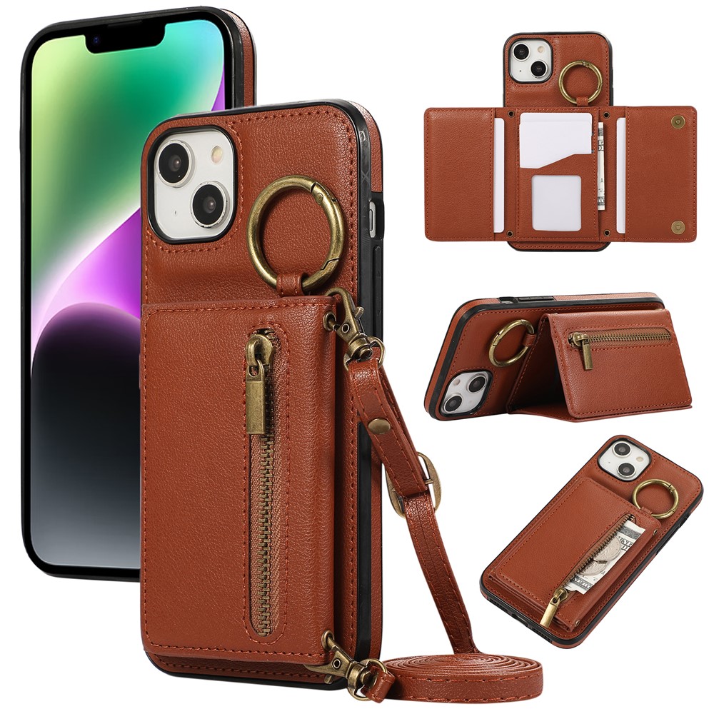 For iPhone 14  /  13 Leather Back Cover Zipper Wallet Kickstand Phone Case with Shoulder Strap - Brown