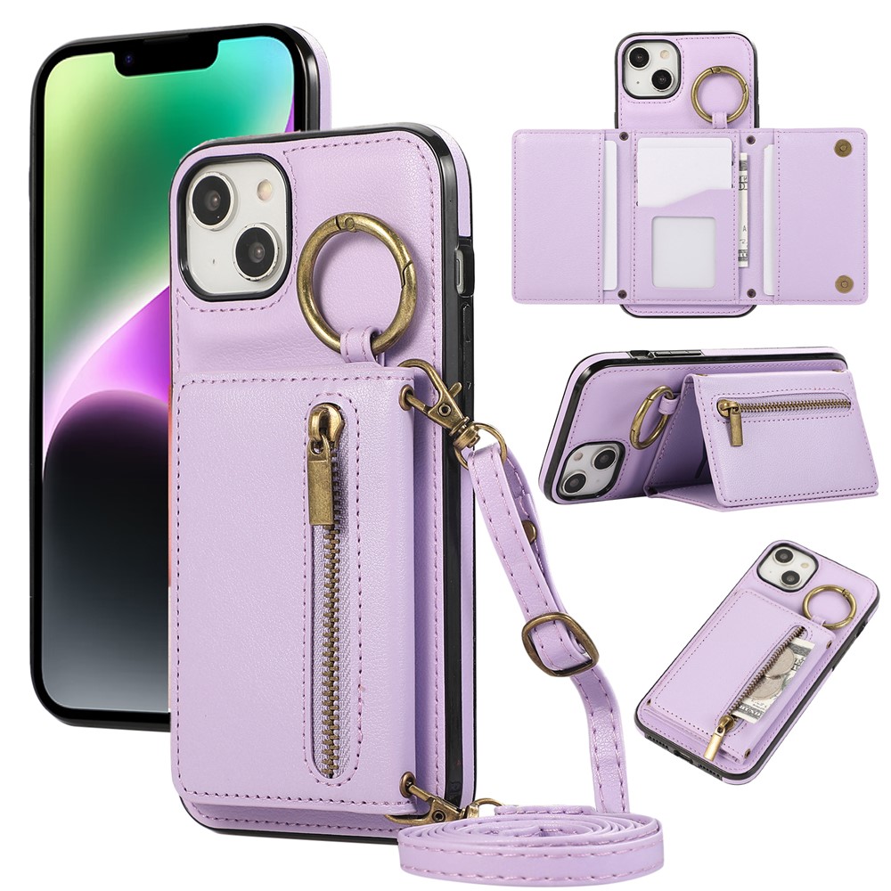 For iPhone 14  /  13 Leather Back Cover Zipper Wallet Kickstand Phone Case with Shoulder Strap - Purple