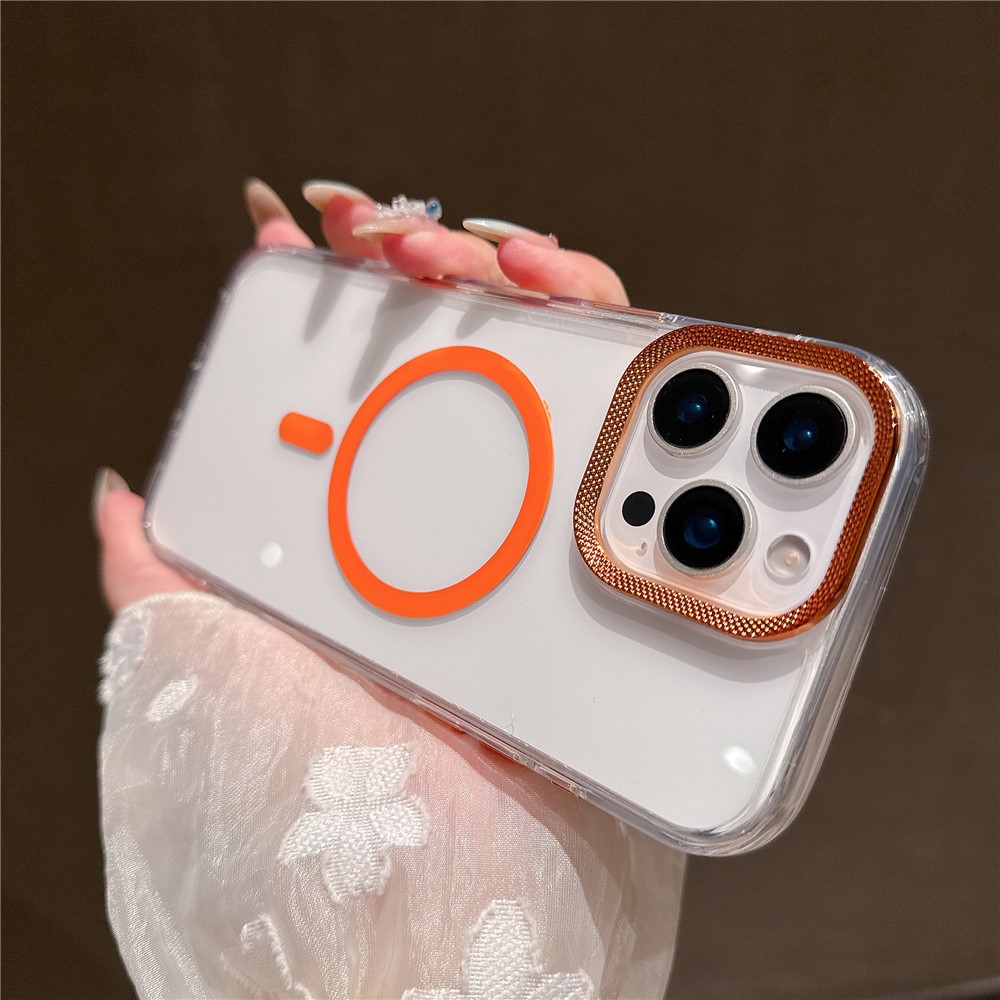 For iPhone 16 Pro Max Case Compatible with MagSafe PC + TPU Clear Phone Cover with Diamond Texture Lens Frame - Orange