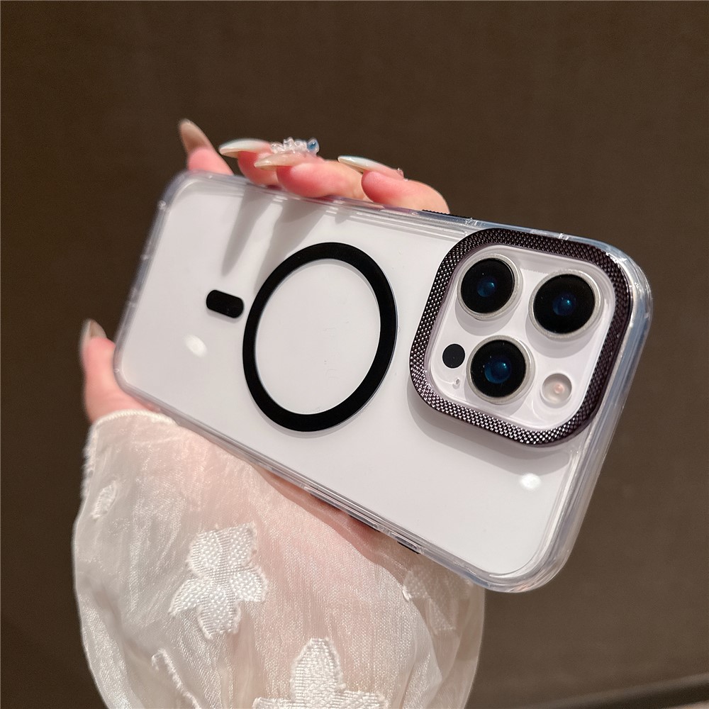 For iPhone 16 Pro Max Case Compatible with MagSafe PC + TPU Clear Phone Cover with Diamond Texture Lens Frame - Black