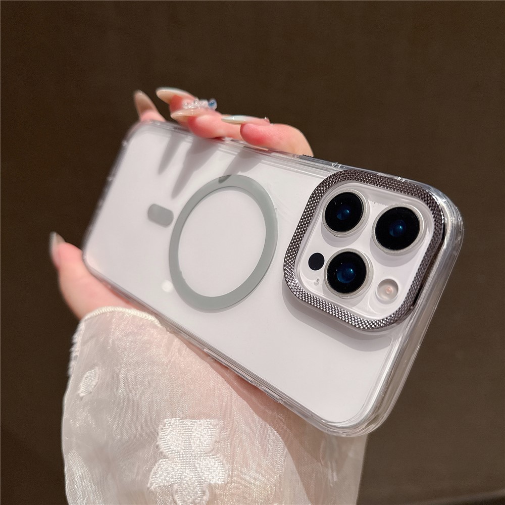 For iPhone 16 Pro Max Case Compatible with MagSafe PC + TPU Clear Phone Cover with Diamond Texture Lens Frame - Grey
